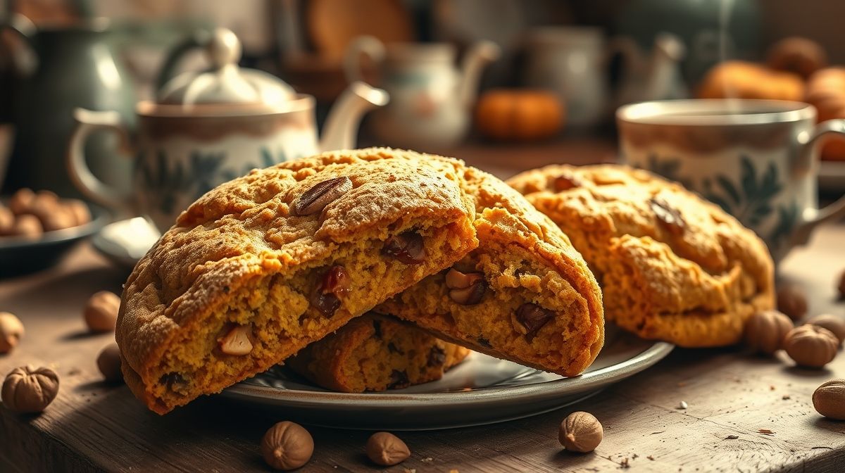 Close-up de scones de abóbora e avelã recém assados, mostrando textura interna macia e pedaços de avelã, ambientação acolhedora de cozinha caseira, utensílios vintage e uma xícara de chá ao lado, luz quente e convidativa.