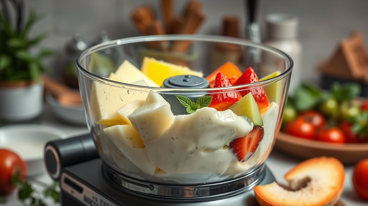 Imagem close-up do preparo do sorvete de abacate no processador, com ingredientes frescos ao redor, incluindo abacate, amêndoas e iogurte, ambiente de cozinha limpa e iluminada