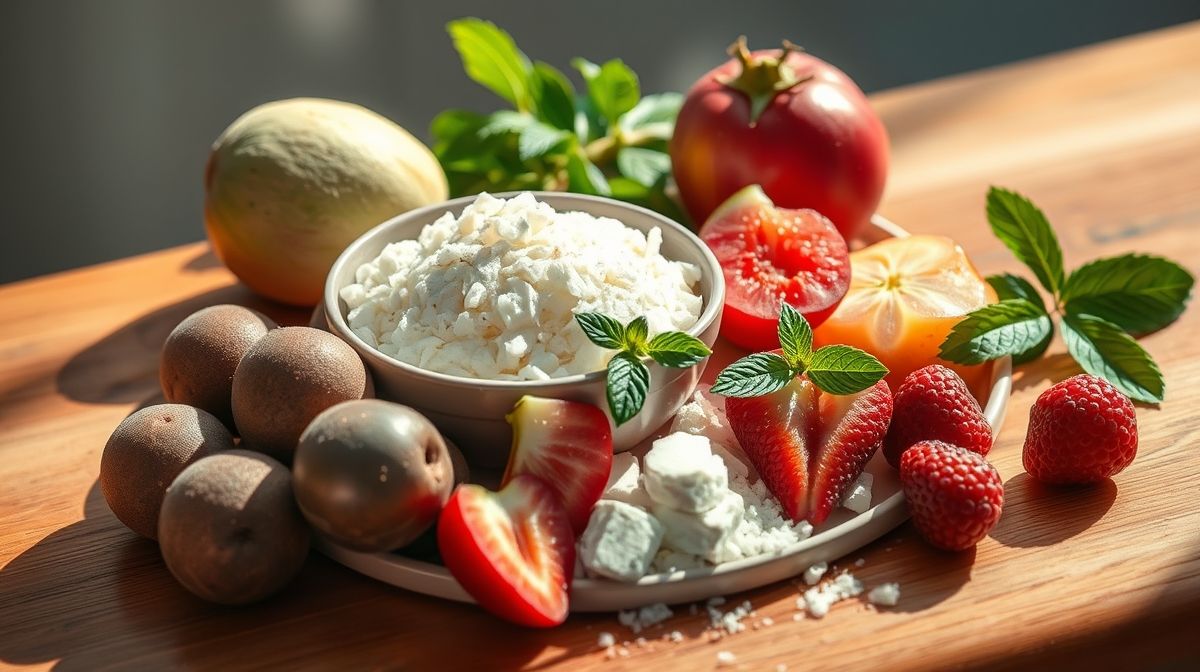 Imagem de ingredientes frescos para vitamina rosa detox: morangos, amoras congeladas, beterraba crua e whey protein, dispostos artisticamente sobre uma mesa de madeira clara, luz natural suave