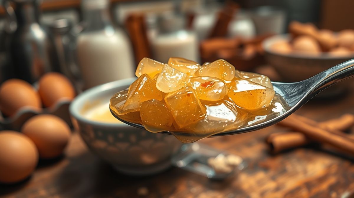 Imagem close-up da ambrosia em uma colher, mostrando a calda transparente e pedaços delicados do doce, fundo desfocado de ingredientes tradicionais como ovos, leite e canela