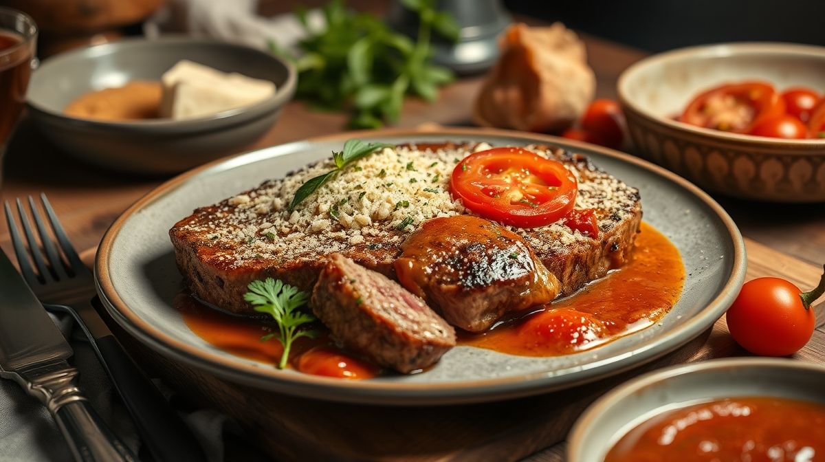 Foto detalhada de bife à parmegiana recém-saído do forno, focando na crosta crocante de farinha Panko, queijo muçarela derretido e molho de tomate caseiro, com utensílios de cozinha ao lado, ambiente de jantar acolhedor
