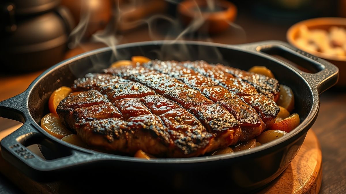 close-up de bife acebolado na frigideira com cebolas douradas, cena culinária apetitosa, estilo rústico, iluminação quente, alta resolução