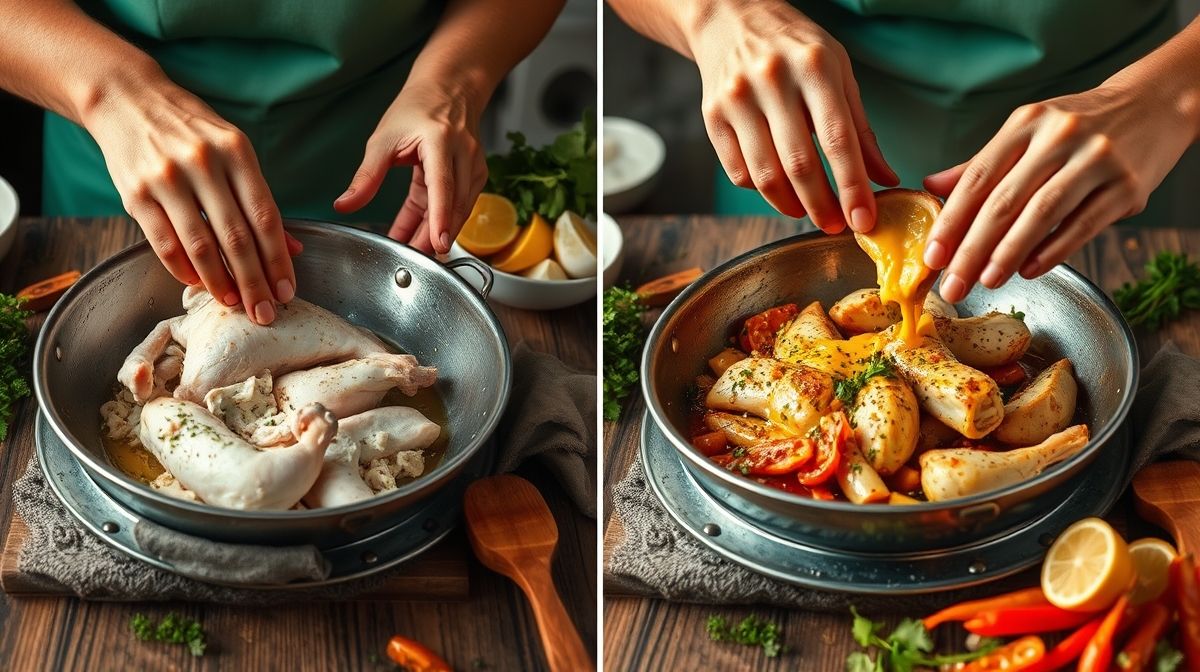 Imagem passo a passo da preparação do bobó de galinha, mostrando mãos mexendo a panela com frango e mandioca, ingredientes frescos ao redor, estilo culinária brasileira
