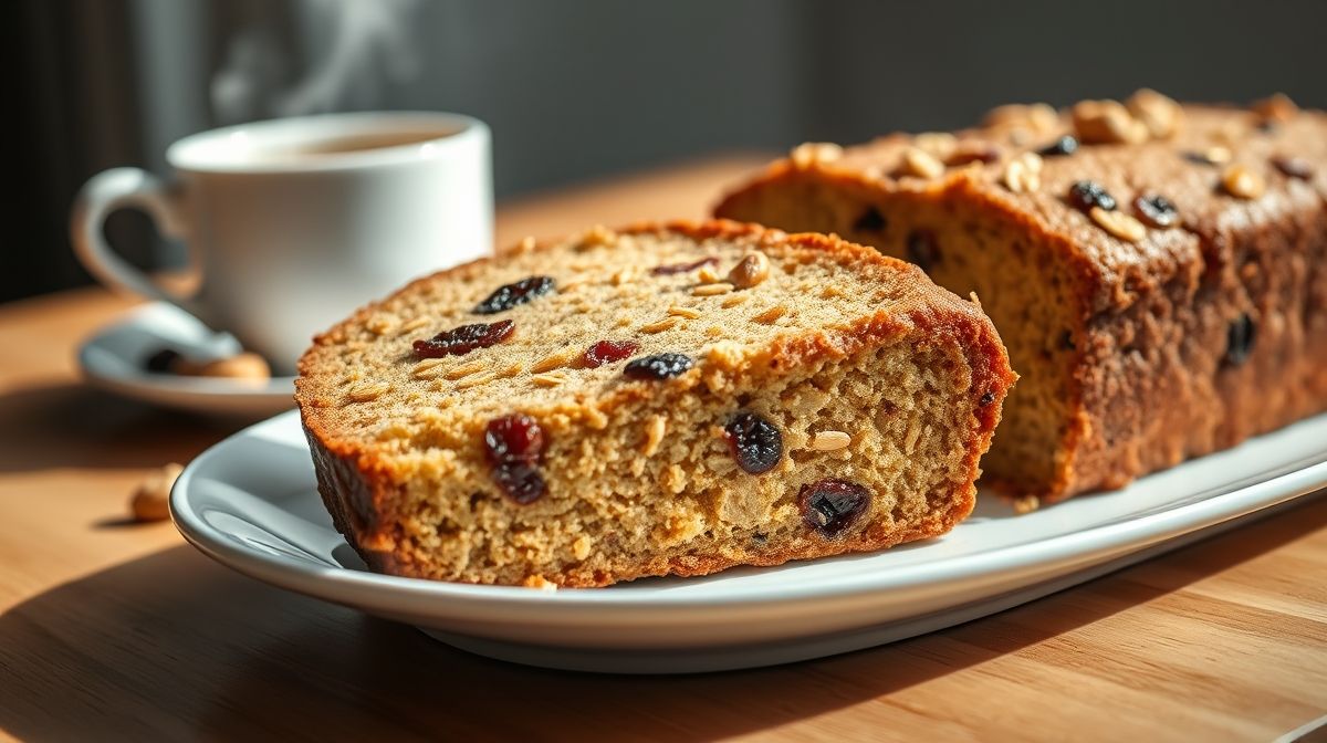 Imagem detalhada mostrando o bolo de banana com aveia e passas cortado, textura úmida e pedaços visíveis de passas e aveia, servido em prato branco com uma xícara de chá ao fundo, estilo fotografia gastronômica