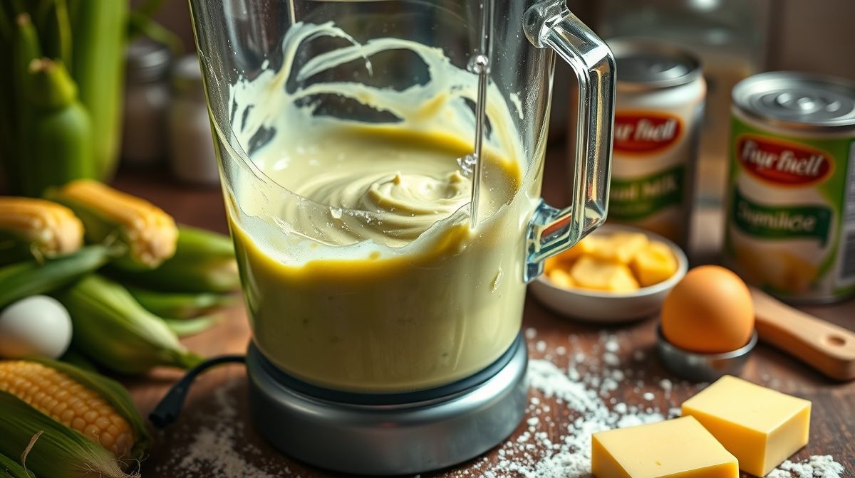 Close-up do preparo do bolo de milho verde, mostrando um liquidificador com massa cremosa de milho verde, ovos, manteiga e leite condensado sendo misturada, em uma bancada de cozinha com ingredientes frescos ao redor