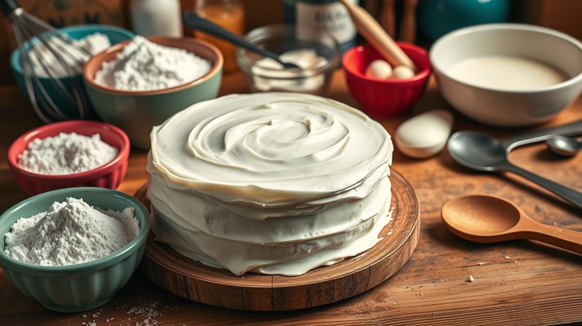 Imagem de passo a passo de bolo simples com cobertura de leite Ninho, ingredientes em destaque, tigela com creme branco cremoso, utensílios de cozinha, estilo culinário caseiro