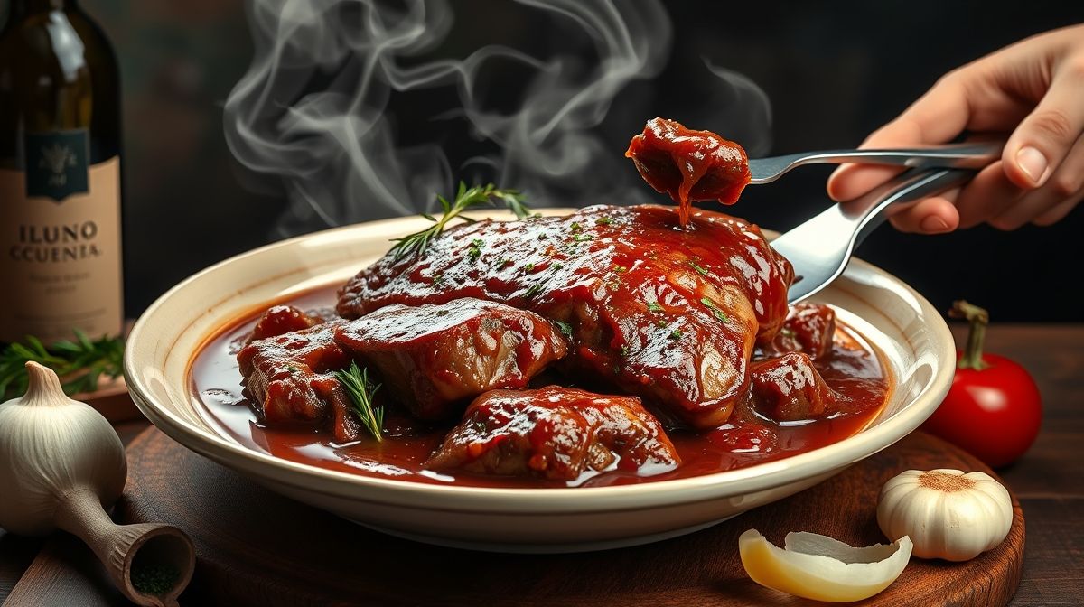 Imagem ilustrativa mostrando carne ao molho madeira suculenta em panela grande sendo servida, com ingredientes como vinho madeira, alho e cebola ao fundo, estilo fotografia culinária profissional