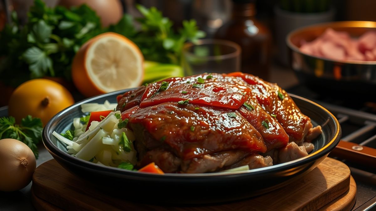 Imagem detalhada do passo a passo da preparação de carne moída com chuchu, ingredientes frescos, chuchu cortado, carne dourada, cenário de cozinha iluminada