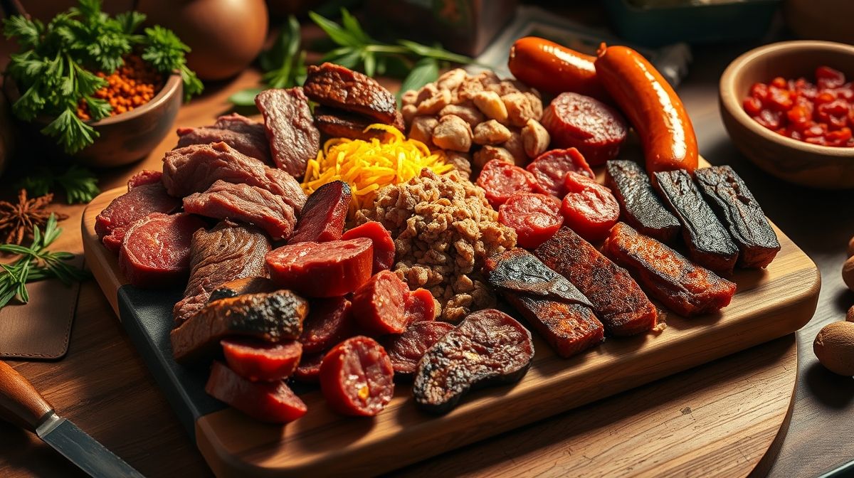 Foto detalhada de carnes variadas para arroz carreteiro: carne seca, carne moída, linguiça calabresa e sobras de churrasco sobre uma tábua de madeira, ambiente culinário, estilo rústico