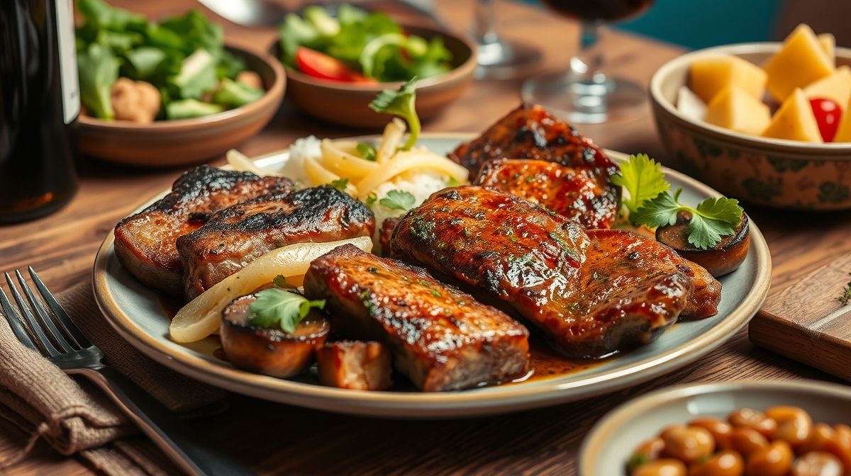 Imagem detalhada de carnes grelhadas suculentas, linguiça toscana, pães de alho dourados e salada fresca em uma mesa rústica de madeira