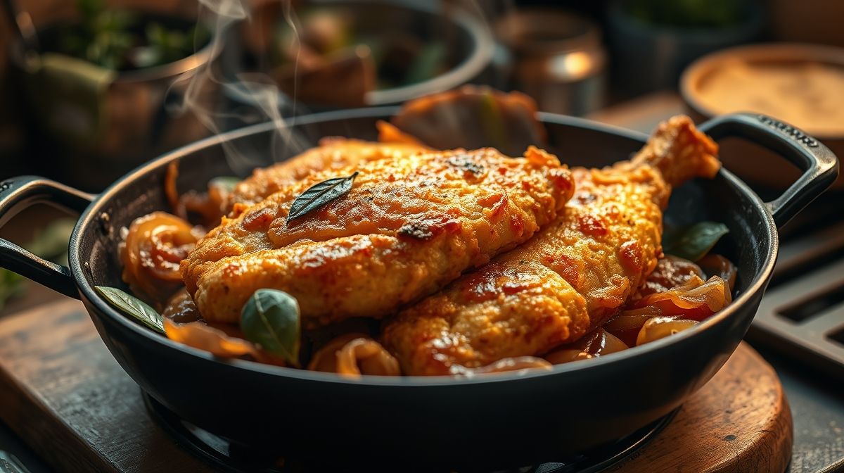 Close-up do músculo frito dourado na panela, com cebolas caramelizadas e folhas de louro, fumaça leve para transmitir sabor e frescor da cozinha, estilo culinário caseiro