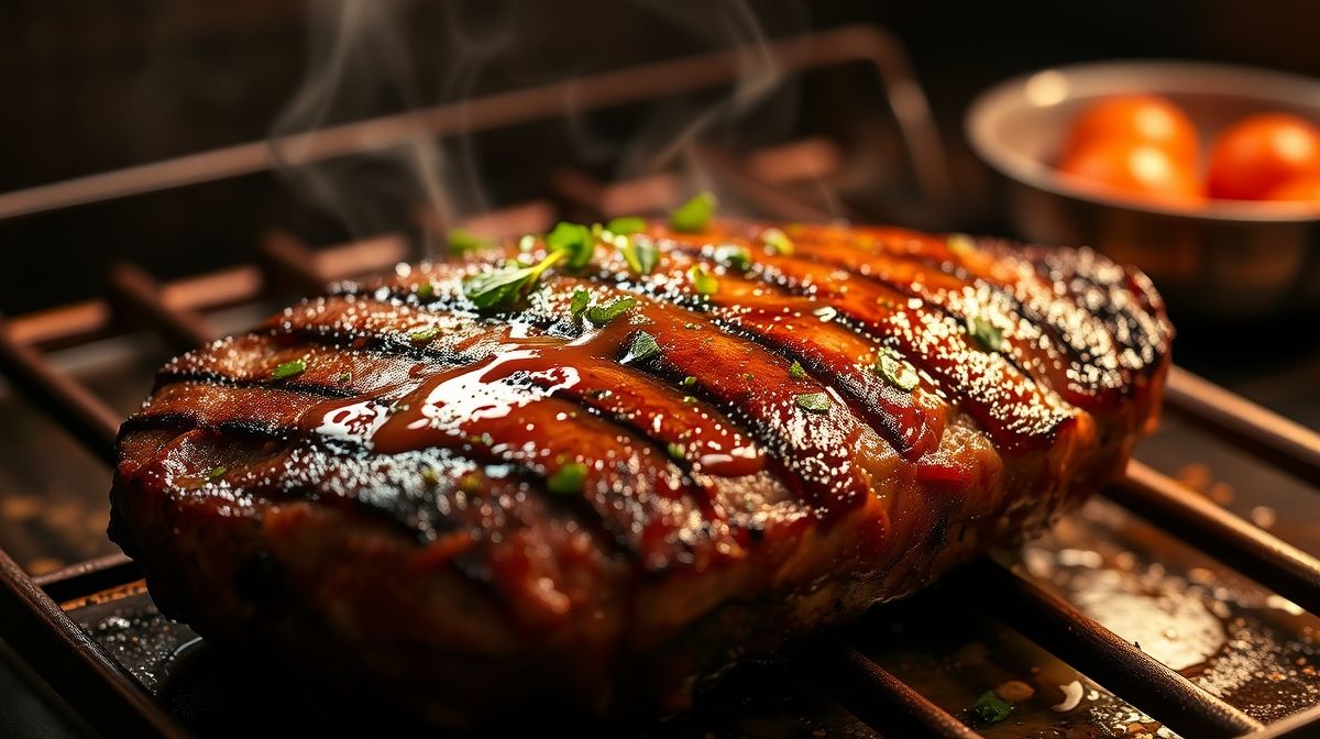 Close de costela desossada no forno sendo temperada com páprica, chimichurri e ervas frescas como alecrim e tomilho, com azeite escorrendo sobre a carne, ambiente de cozinha rústica e acolhedora.
