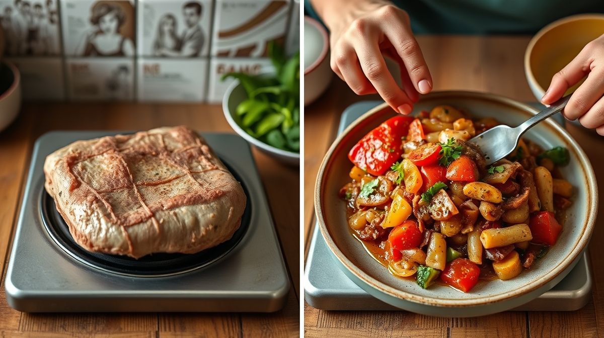 Imagem passo a passo do preparo do coxão duro recheado na panela de pressão, mostrando o enrolar do rocambole com recheio de bacon, calabresa e legumes, cenário de cozinha caseira