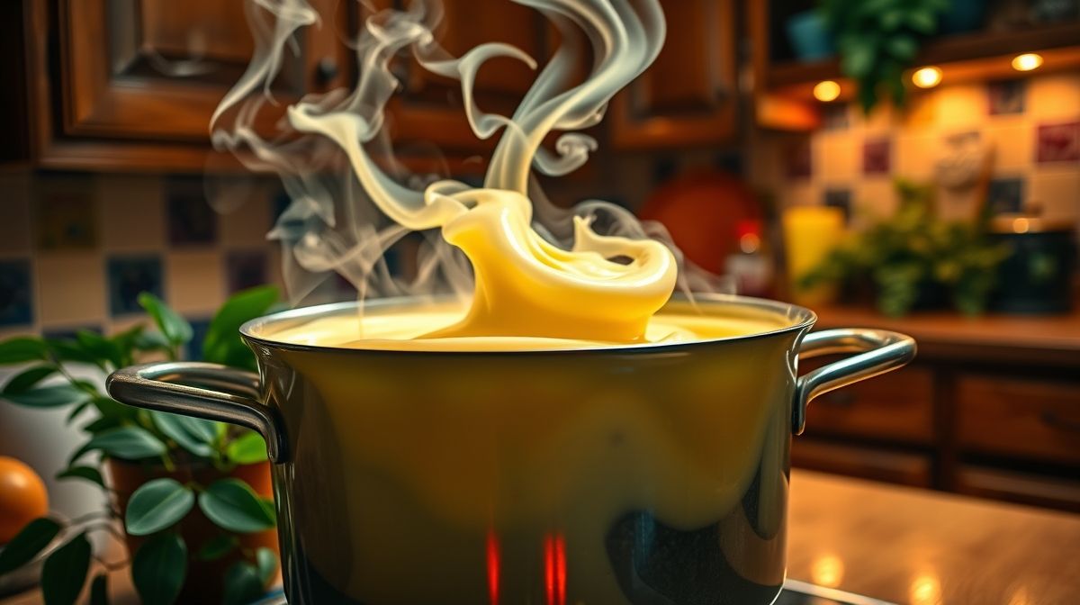 Imagem de close-up do preparo do doce Espera Marido, mostrando ingredientes como leite condensado, ovos e leite em uma panela, com textura cremosa formando no fogo, em uma cozinha típica brasileira