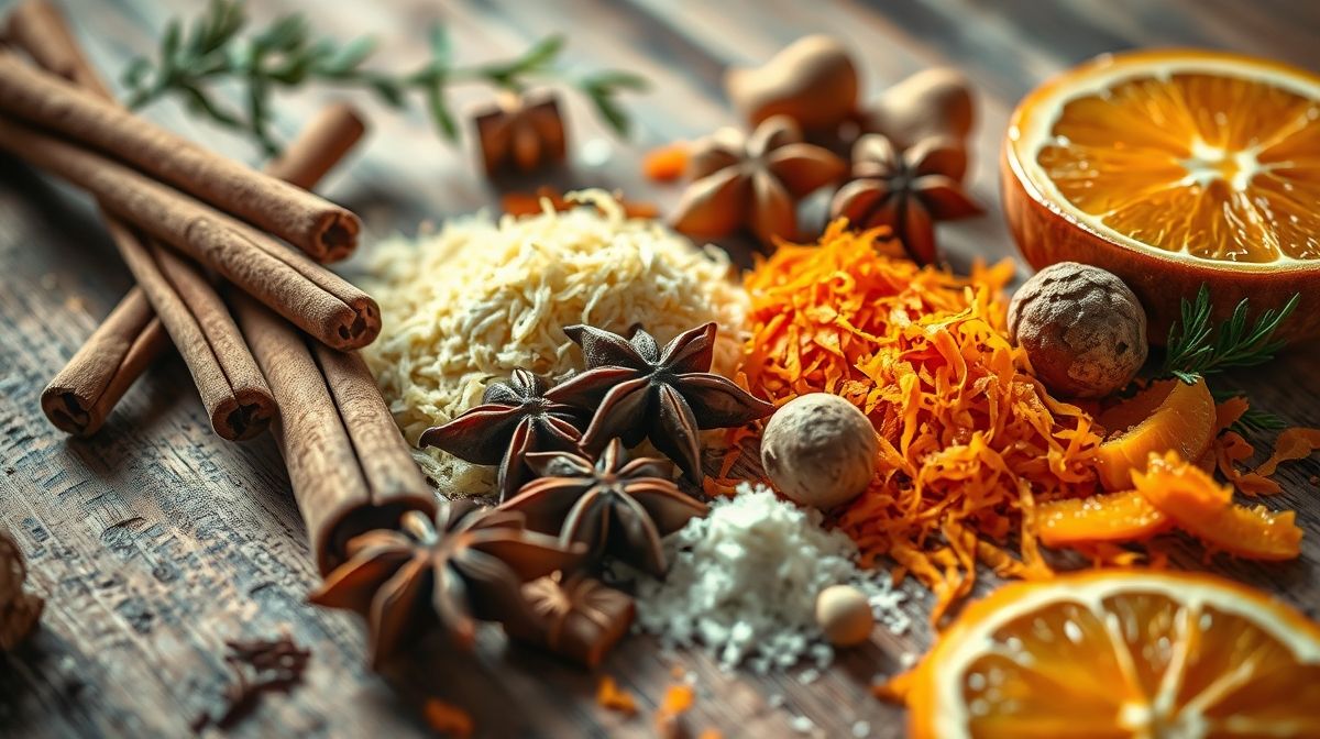 close-up de ingredientes naturais para essência de panetone: extrato de baunilha, canela em pau, cravos-da-índia, noz-moscada ralada, raspas de laranja sobre superfície rústica de madeira, fotografia com luz natural suave