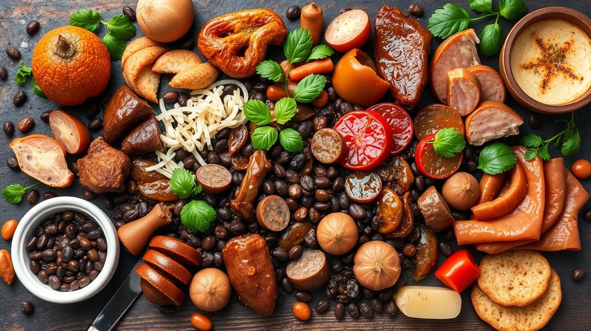 Panela grande de feijoada tradicional com feijão preto, diversos cortes de carne e linguiças, disposição dos ingredientes em primeiro plano, estilo fotográfico realista e aconchegante