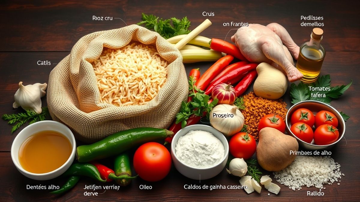 Imagem detalhada dos ingredientes para galinhada para 150 pessoas, mostrando arroz cru em saco grande, pedaços de frango, cebolas, dentes de alho, pimentões vermelho e verde, tomates maduros, açafrão da terra em pó, óleo, caldo de galinha caseiro, e cenoura ralada, com iluminação clara e foco nítido