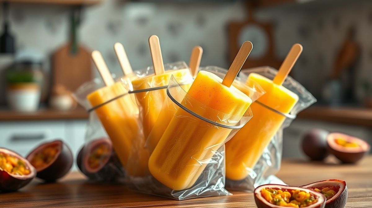 Imagem detalhada de geladinho de maracujá cremoso em saquinhos prontos para o congelador, com textura cremosa visível, fundo desfocado de cozinha caseira, luz natural suave.