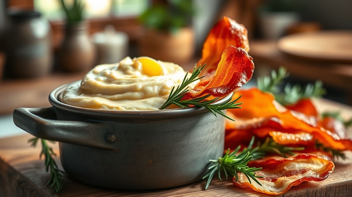 Manteiga de bacon em pote rústico com fatias crocantes de bacon e raminhos de alecrim ao lado, fundo desfocado de cozinha caseira, estilo gourmet