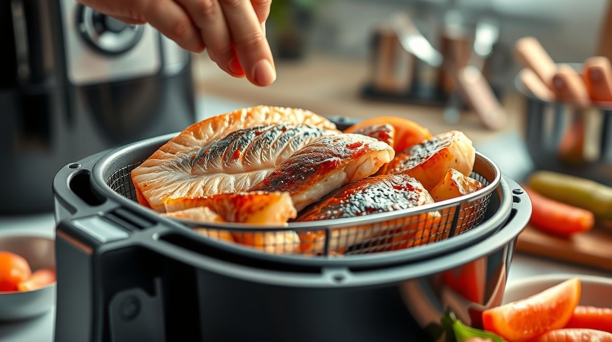 Close-up de cubos de músculo marinados sendo colocados na cesta de airfryer, relevo da carne visível, utensílios de cozinha modernos, ambiente claro e acolhedor