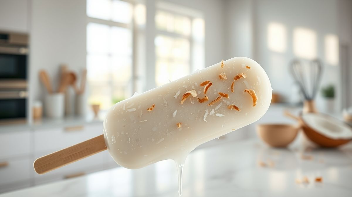Close-up de um picolé cremoso de coco descongelando levemente, mostrando pedaços de coco ralado na superfície, em um cenário de cozinha moderna, com utensílios de preparo visíveis ao fundo desfocado.