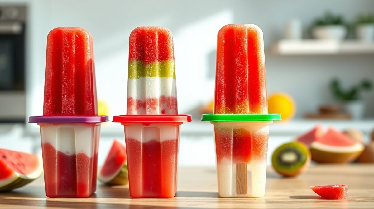 Imagem passo a passo do preparo do picolé de melancia, mostrando as três camadas: suco de melancia, mistura cremosa de iogurte e creme, e cobertura de kiwi, em formas de picolé, estilo fotográfico realista e iluminado