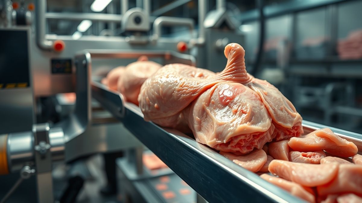 Imagem ilustrativa do processo de fabricação do presunto de frango, carne branca moída sendo processada em indústria alimentícia, foco em máquinas e textura da carne, estilo foto documental