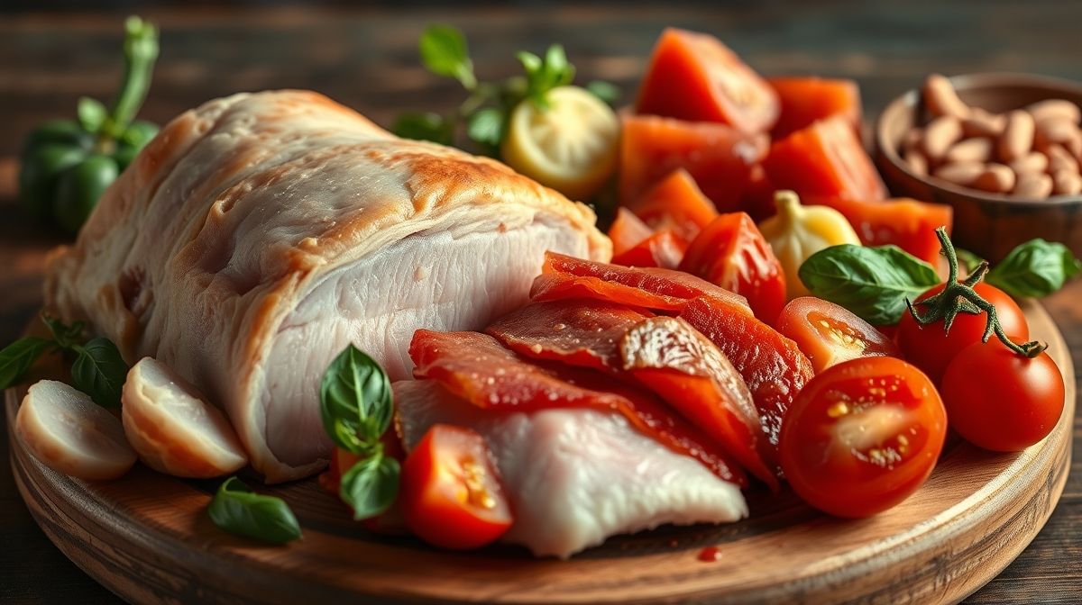 Close de ingredientes para galopé: pé de porco fresco, galo cortado em pedaços, bacon em cubos, linguiça calabresa, tomates frescos, folhas de louro e coentro, dispostos em bancada de madeira, estilo fotográfico realista, luz suave