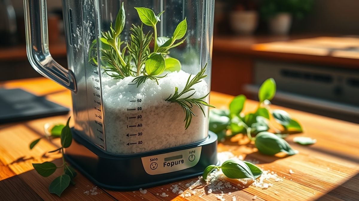 Detailed image of preparing homemade herb salt, showing a blender with coarse salt and fresh rosemary and basil leaves being processed on a kitchen countertop