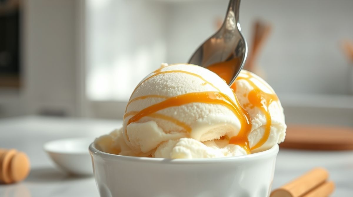 Close-up de sorvete caseiro de creme com caramelo, efeito marmorizado visível, com colher delicada retirando uma porção, cenário de cozinha clara e clean