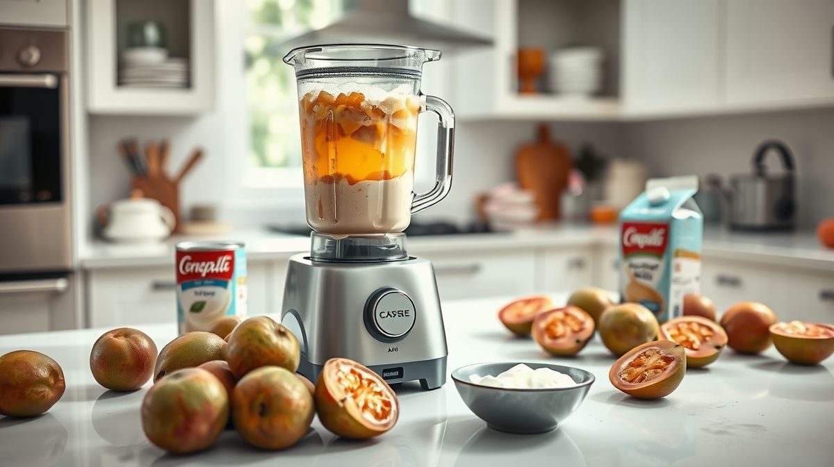 Imagem da preparação de sorvete de goiaba caseiro, liquidificador com mistura de goiaba, leite condensado e creme de leite, cozinha limpa e iluminada, ingredientes frescos ao redor