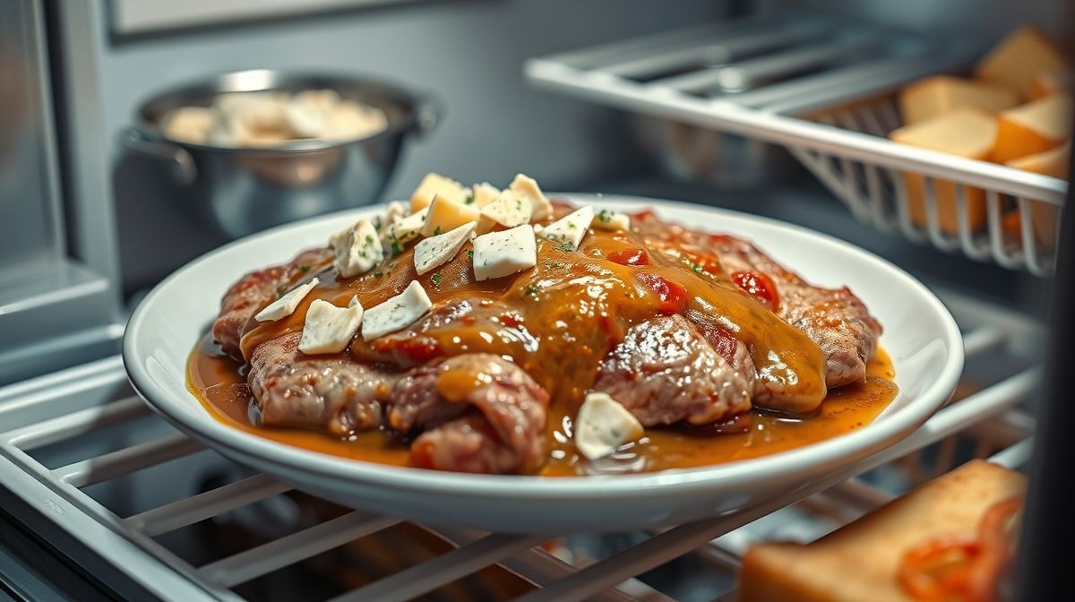 Imagem detalhada do preparo de talharim com filé mignon na frigideira, mostrando a carne dourada com molho cremoso e pedaços de queijo gorgonzola, ambiente de cozinha profissional, alta definição