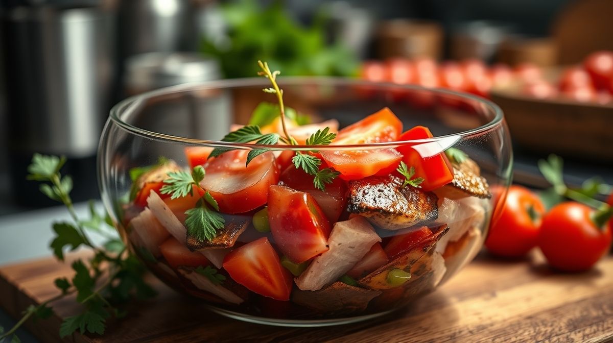 Close-up de vinagrete caseiro em tigela de vidro transparente, ingredientes frescos e picados uniformes, estilo gourmet, com foco nítido nos vermelhos e verdes, ambiente de cozinha acolhedora