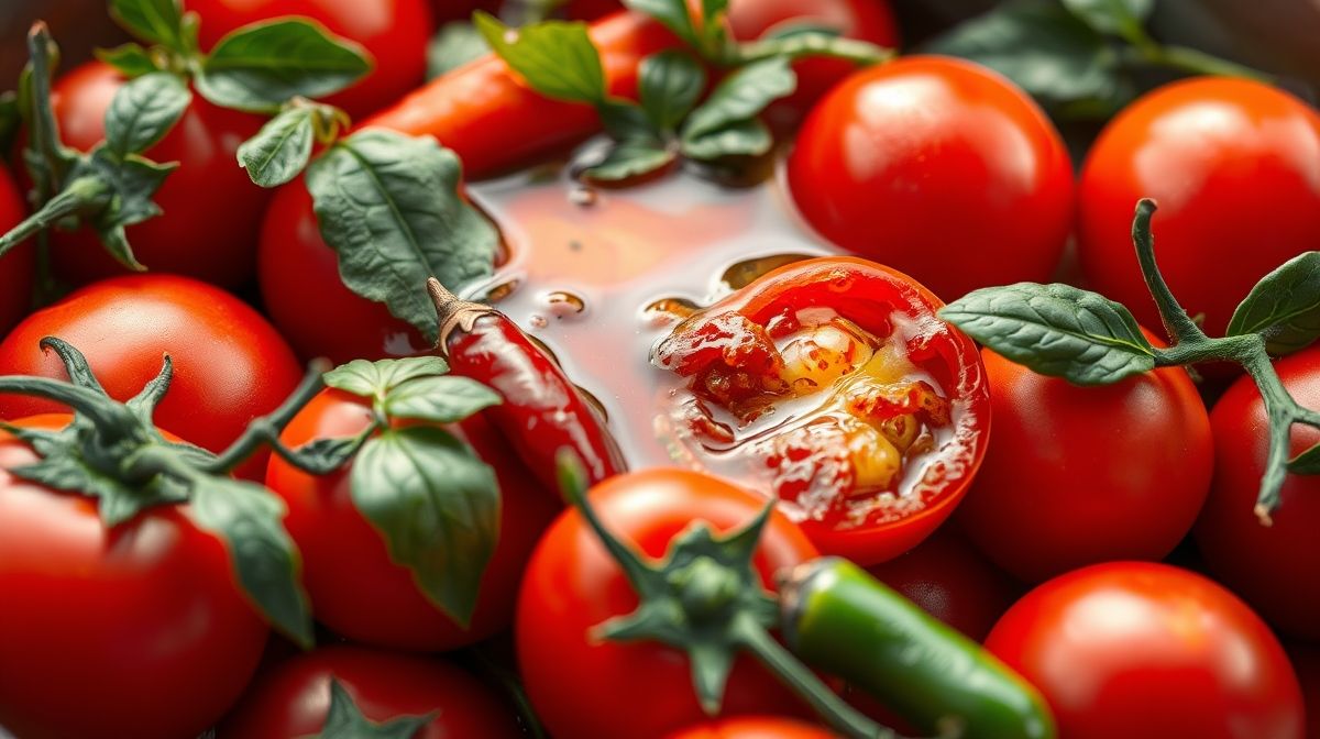 Imagem close-up de ingredientes frescos para vinagrete: tomates vermelhos, cebolas roxas, pimentões coloridos e molho de vinagre e azeite em tigela, visual atraente e detalhado