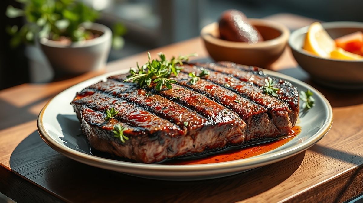 Bife suculento grelhado com orégano, dourado por fora e macio por dentro, servido em prato rústico com toque de azeite