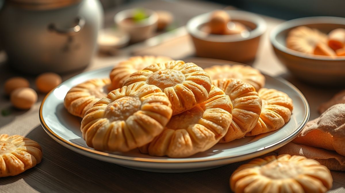 Biscoitos de fécula de batata dourados e crocantes em prato rústico, prontos para servir no café da tarde.