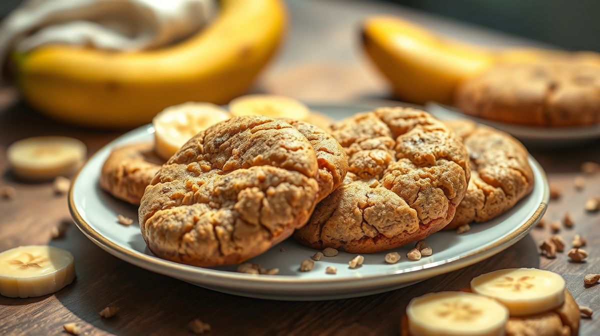 Biscoitos dourados e saudáveis de banana e quinoa, dispostos em prato branco com estilo rústico e apetitoso