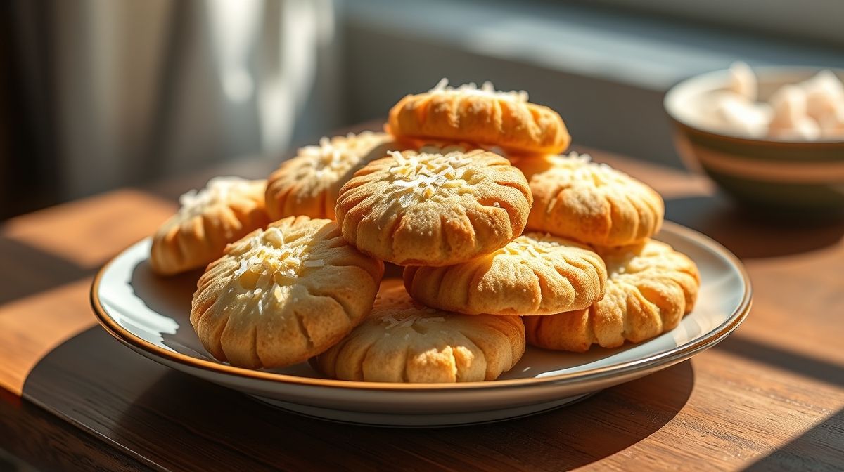 Biscoitos fit de coco dourados, crocantes e apetitosos servidos em prato decorado