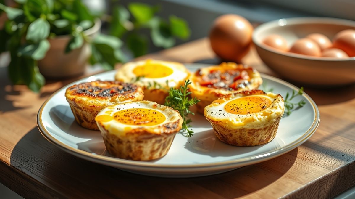 Bolinhos de ovo fit assados, dourados e servidos em prato elegante, leves e apetitosos