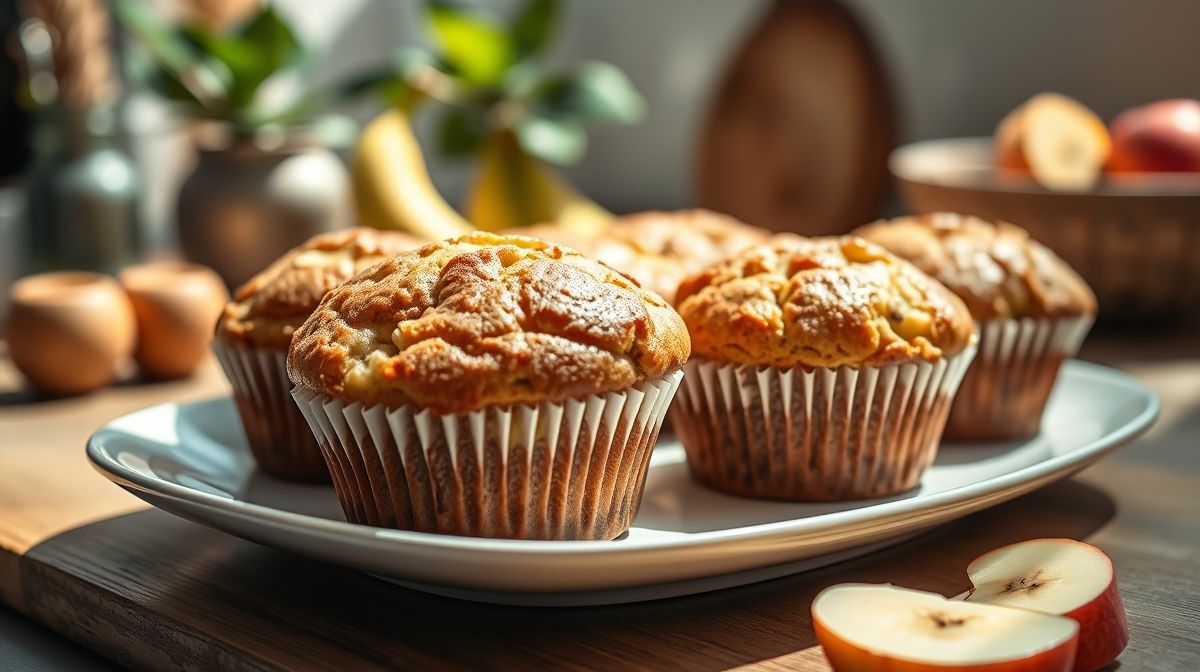 Bolinhos dourados e fofinhos de banana com maçã, servidos em prato branco, com aparência caseira e saudável.