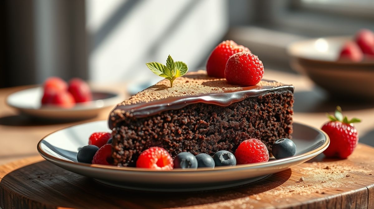 Bolinho fit de chocolate fofinho servido em prato branco, com cacau polvilhado por cima