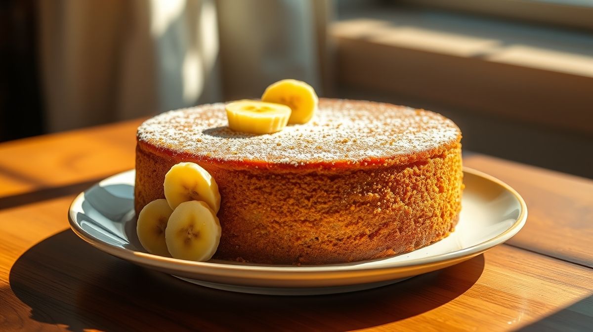 Bolo de banana saudável, macio e dourado, servido em fatias em um prato elegante.