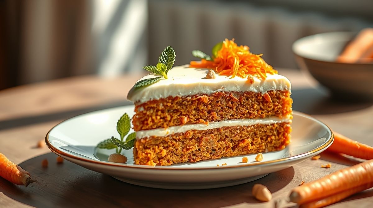 Bolo de cenoura fit fofinho com cobertura de chocolate, servido em fatias em um prato elegante