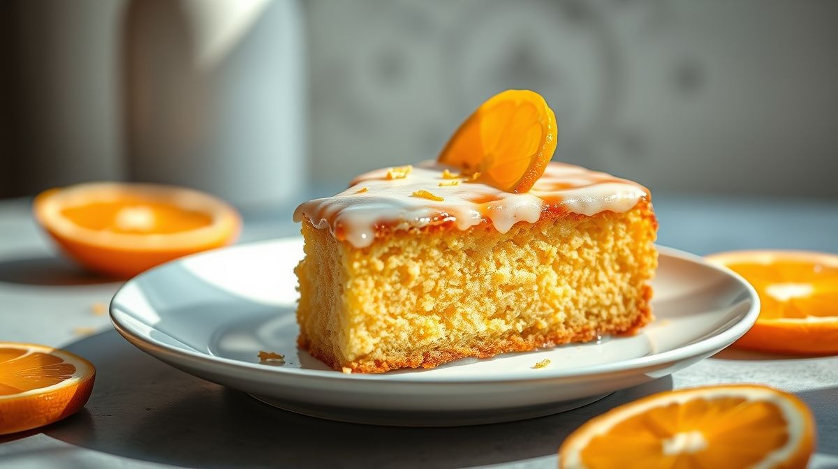 Bolo de laranja sem glúten, dourado e úmido, servido em uma travessa elegante, perfeito para café da tarde saudável