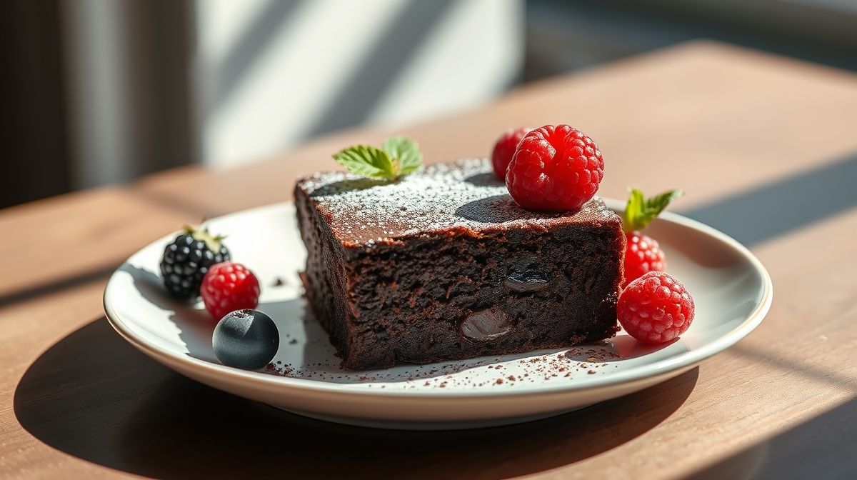 Fatias quadradas de brownie de chocolate sem açúcar, úmidas e decoradas com nozes e raspas de chocolate em prato elegante
