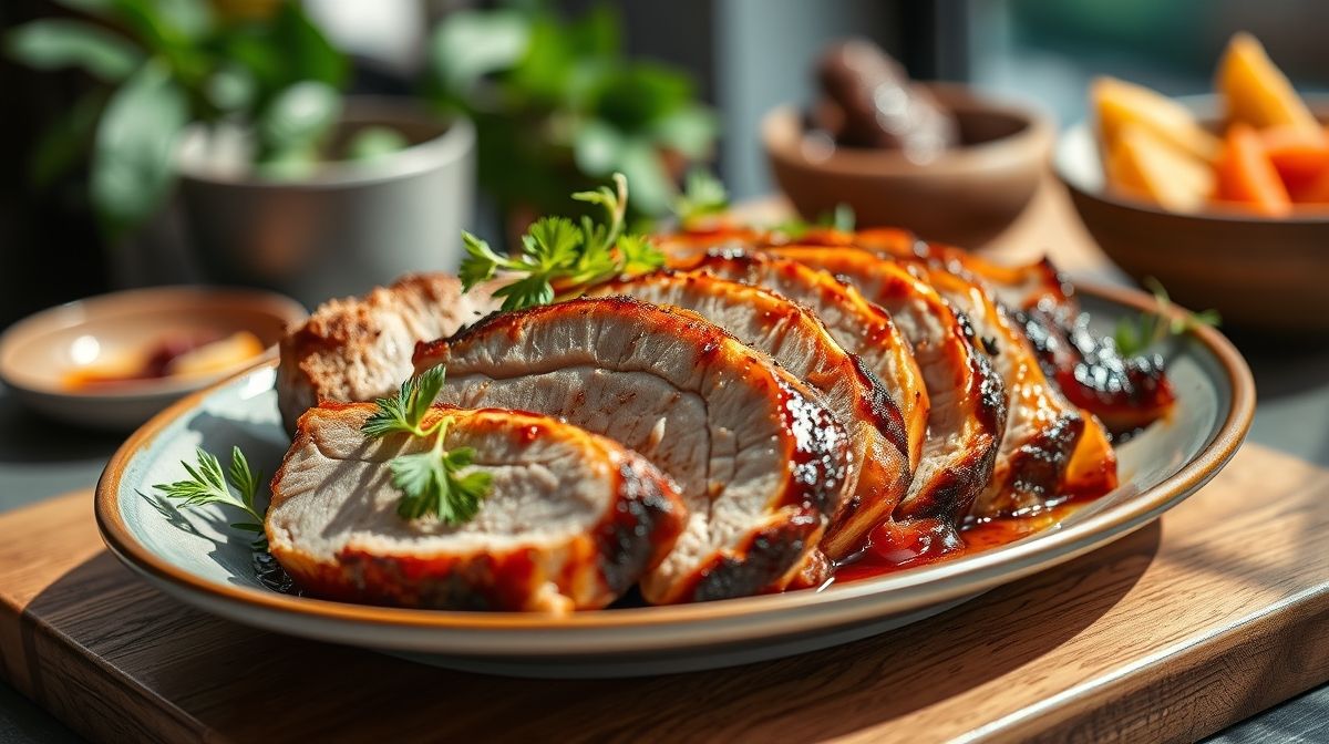 Prato de carne de porco cozida, dourada e suculenta, servida com ervas frescas e acompanhamentos simples