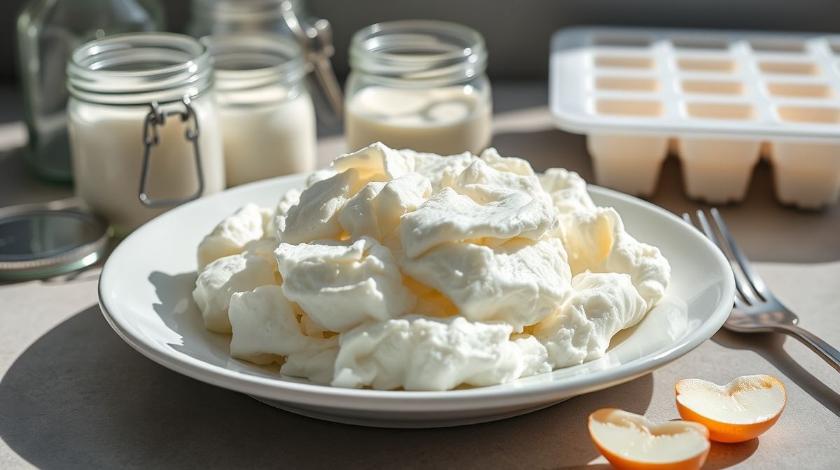 Claras de ovo armazenadas em potes e cubos de gelo, prontas para uso culinário