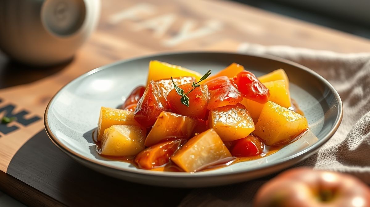 Um pote de vidro com compota de maçã sem açúcar, cremosa e polvilhada com canela, servida em mesa rústica.