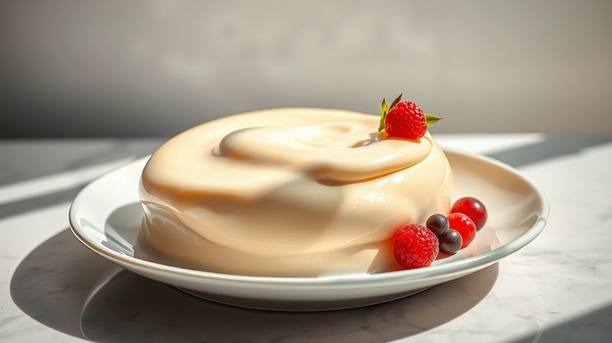 Creme de confeiteiro servido em taça elegante, cremoso e brilhante, decorado com baunilha.