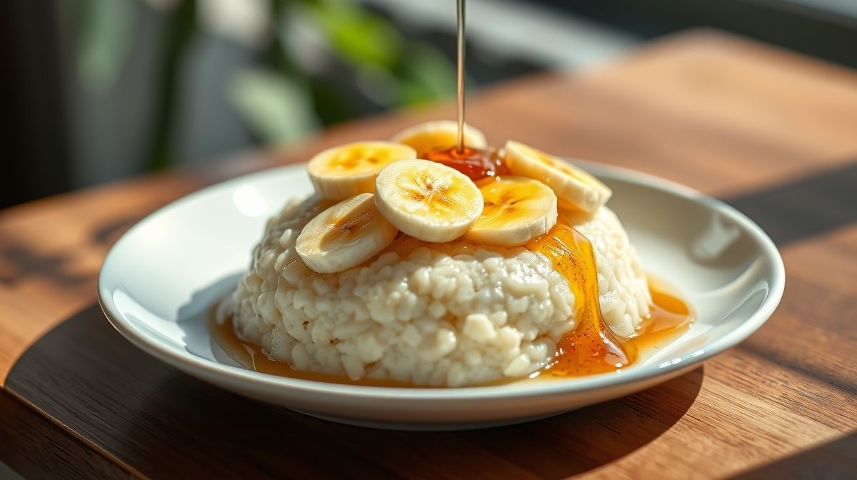 Crepioca doce fit dourada, recheada com banana e mel, apresentada em prato branco com fundo rústico